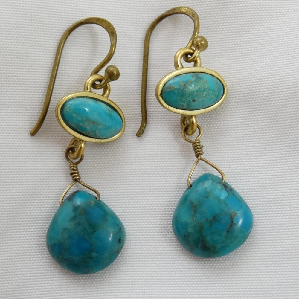 Barse Blue Turquoise Bronze Earrings Dangle Wire Drop BR Thai